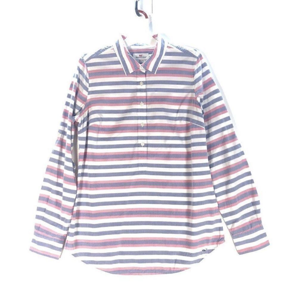 Vineyard Vines Striped Linen Blend Popover Red White Blue Blouse Women’s‎ Size 0
